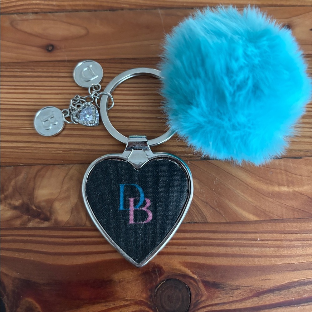 Blue DB Fluffy Pom Pom Heart Keychain Bag Charm